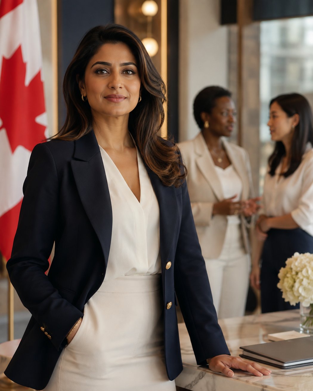 An immigrant woman entrepreneur beside the Canadian flag