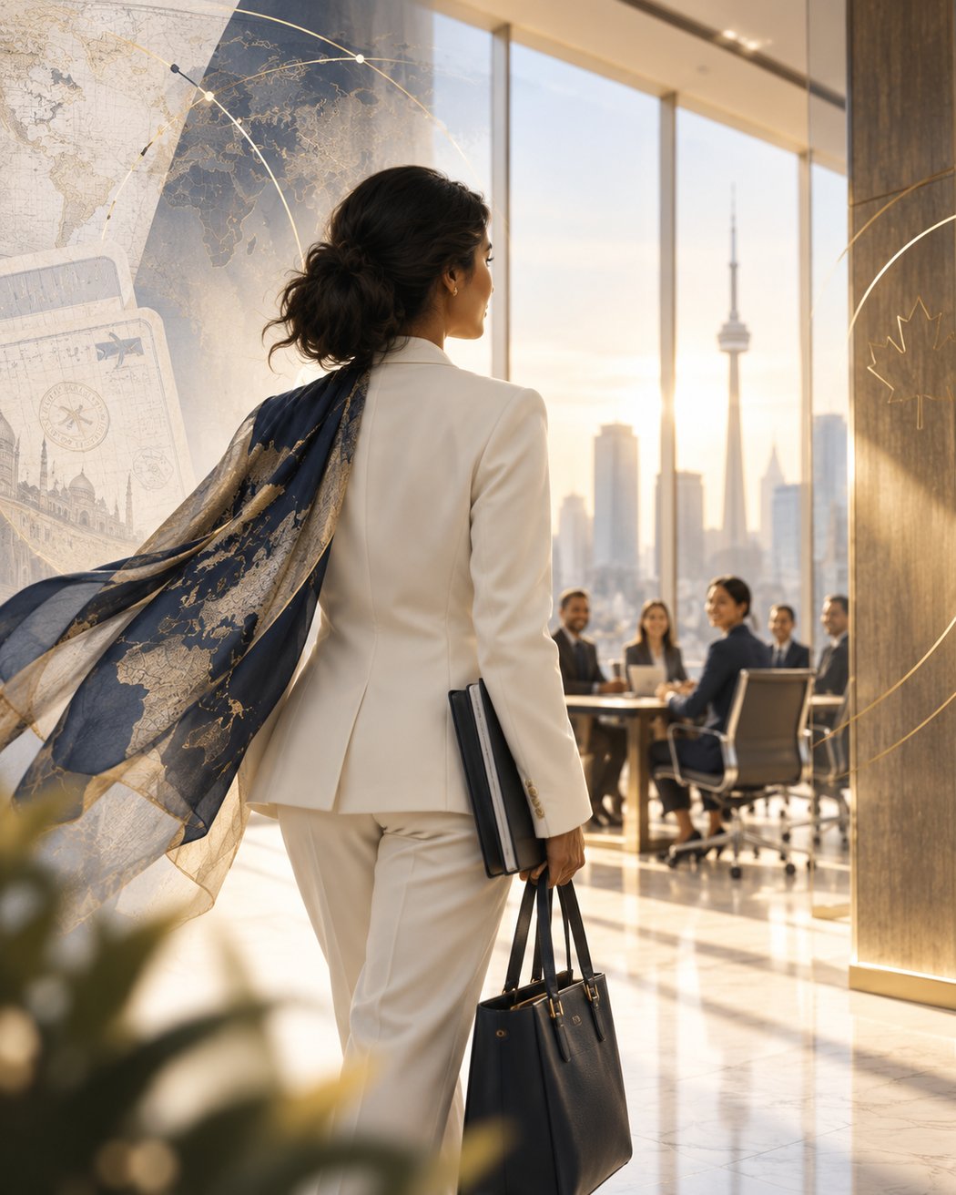 A founder in a world map scarf, the Toronto skyline beyond