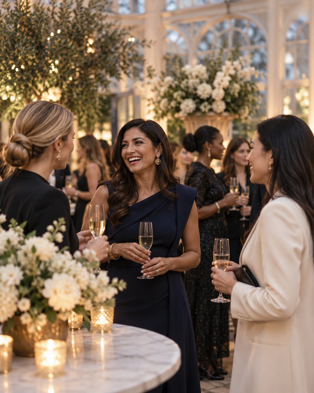 Guests talking over glasses at the Conservatory reception